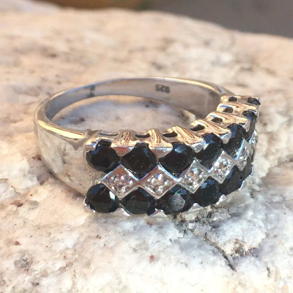 Natural Black Spinel .925 Ring White Topaz Sterling Silver Genuine Gems Size 7